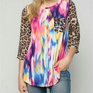 tie-dye hi-lo with cheetah chiffon sleeves